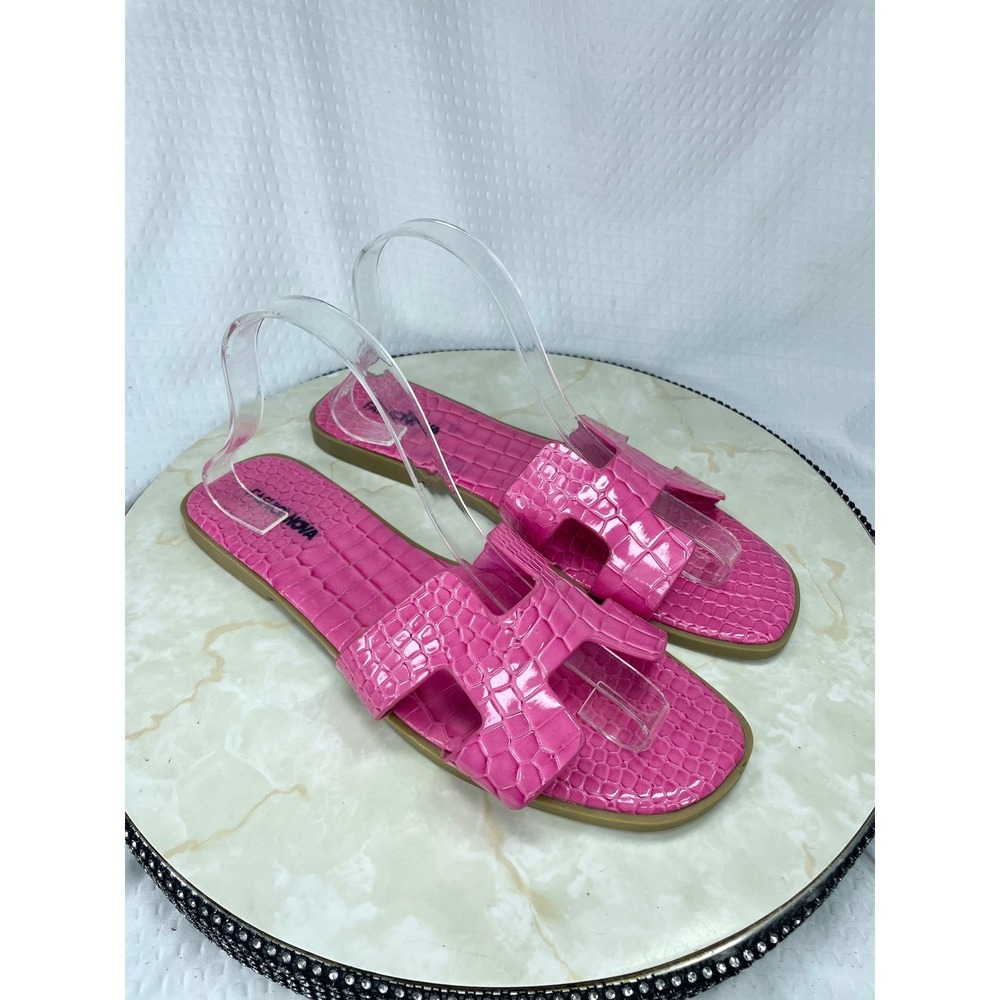 Fashion Nova Croc Embossed H-Strap Slide Sandals Women 10 Pink Resortwear Vacay